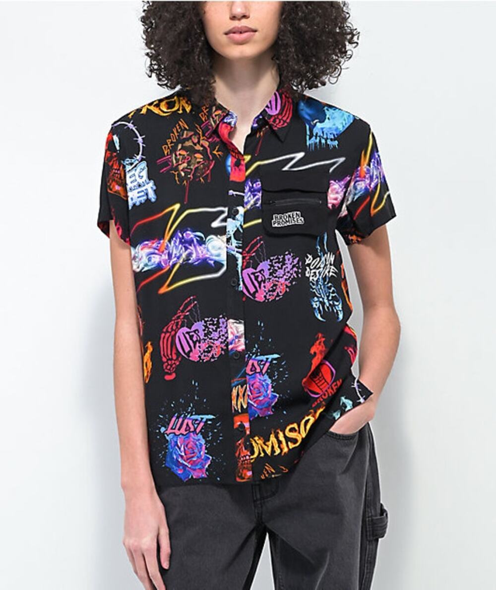 Broken promises sz L neon colorful zip pocket statement button up casual grunge